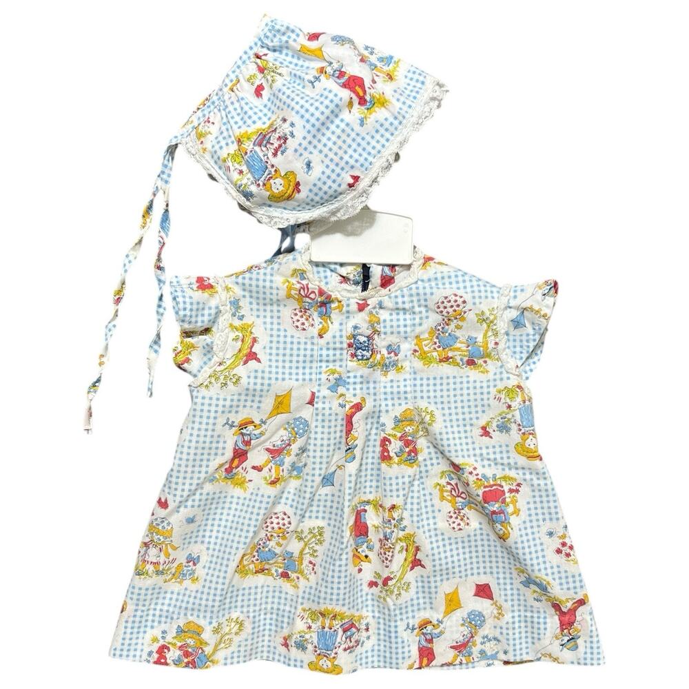 Vtg Baby Girl Hollie Hobby Gingham Dress Bonnet Set Sz‎ 3-6m Cottage Kitty Puppy